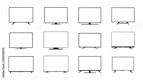 A versatile collection of minimalist black and white vector illustrations featuring modern television screens and display monitors, ideal for technology projects