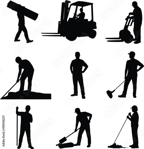 Industrial worker silhouettes with forklift and tools, material handling loading tasks, manual labor activities, warehouse and construction site operations vector illustration set
