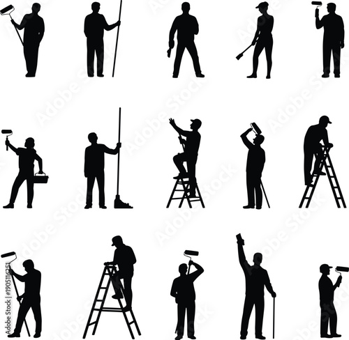 Maintenance worker silhouettes with tools and ladders, painting cleaning repairing tasks, manual service labor activities, industrial facility upkeep vector illustration set
