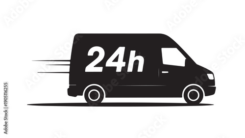 A 24-hour delivery van icon in a minimalist black and white design, symbolizing fast and reliable shipping services