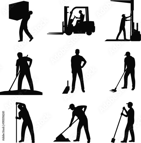 Industrial worker silhouettes set with forklift, warehouse labor, cleaning and construction activities, manual work professions collection, black vector illustration isolated