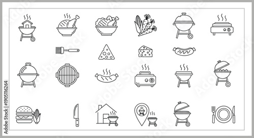 Outdoor barbecue and grilling line icon set featuring BBQ grills, smoked meat, and charcoal kettle.