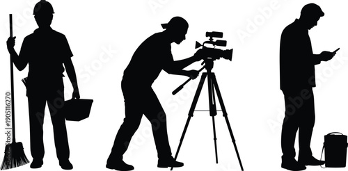 Professional worker silhouettes featuring cleaner, cameraman filming with tripod, and technician using smartphone, modern service industry jobs, black vector illustration