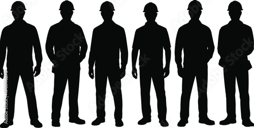 Standing construction worker silhouettes set with safety helmets, professional industrial labor team lineup, black vector illustration isolated on white background