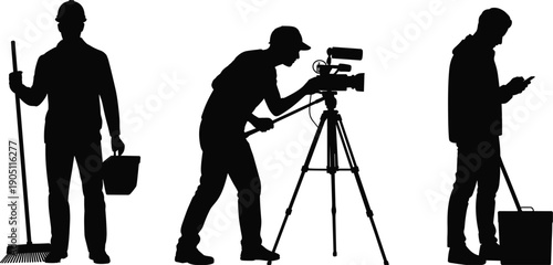 Professional worker silhouettes showing cleaner, cameraman filming with tripod, and technician using mobile phone, modern service jobs concept, black vector illustration