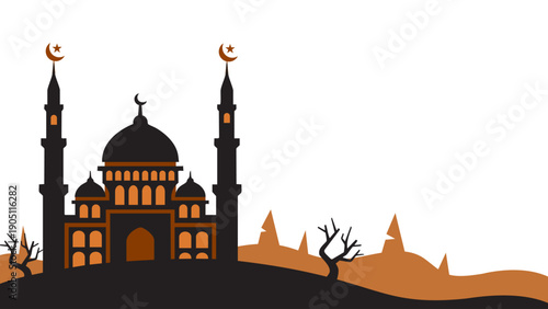 brown mosque silhouette on desert hill with dried trees for ramadan theme