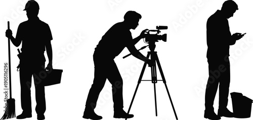 Worker silhouette vector illustration showing cleaner, cameraman filming on tripod, and technician using mobile phone, professional occupations concept, black people silhouettes