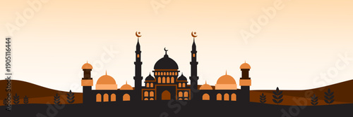 panoramic islamic mosque silhouette landscape with many minarets and orange sky