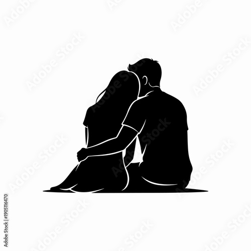 Serene silhouette illustration of a couple sitting in an embrace, symbolizing love and connection.