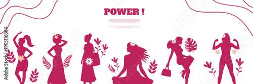women power pink silhouettes banner featuring various active and strong female characters