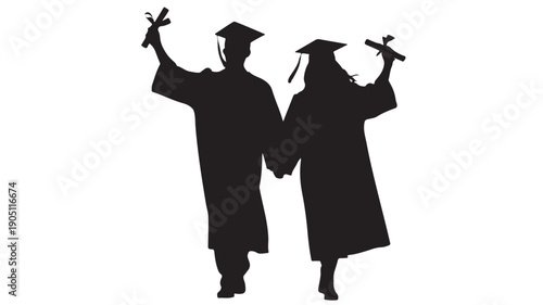 Graduation success in silhouette. Two happy graduates, holding diplomas and hands, celebrate achievement and look to a bright future
