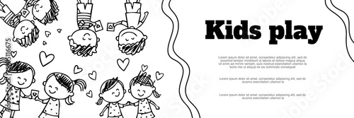 kids play hand drawn banner with cute children characters playing together happily