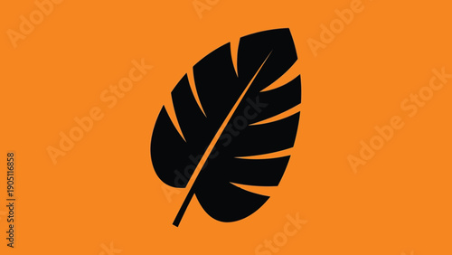 Black Monstera Leaf Silhouette on Orange Background.