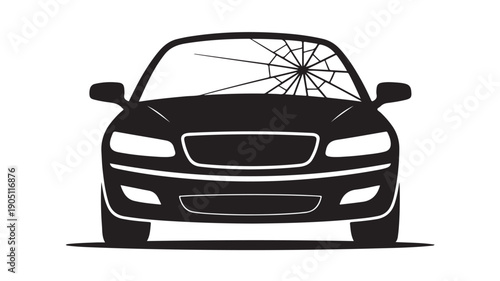 Minimalist black and white illustration depicting the front view of a car with a severely cracked windshield, symbolizing vehicle damage, accident, and repair needs