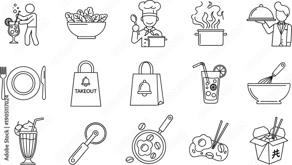 Fototapeta premium Professional restaurant and catering line icon set featuring chef, waiter, and food delivery bag.