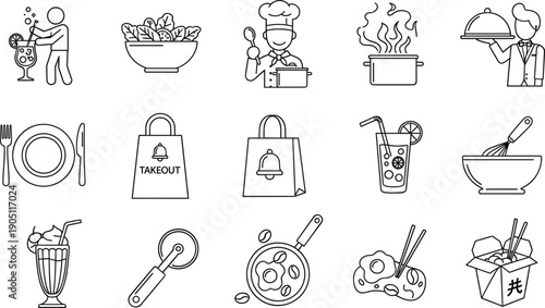 Professional restaurant and catering line icon set featuring chef, waiter, and food delivery bag.