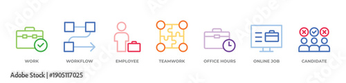 Professional Workflow Icons set vector illustration with Work, Workflow, Employee, Teamwork, Office hours, Online job, Candidate