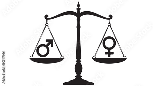 Balanced Scale Illustrating Gender Equality with Male and Female Symbols on Each Side, Representing Fairness and Equal Rights