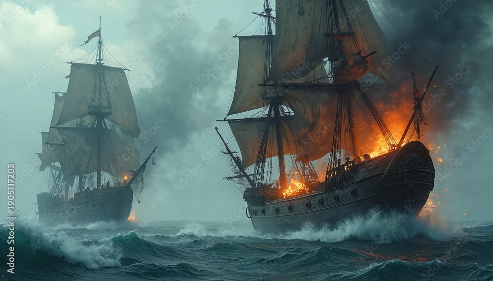 Obraz premium Pirate galleon burns at sea during naval battle. Another ship approaches in stormy weather. Ocean waves crash against burning vessel. Naval combat in rough seas.