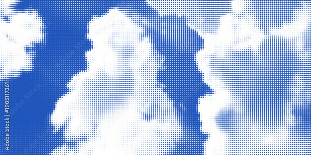 Fototapeta premium Blue sky background with white halftone clouds vector overlay texture.