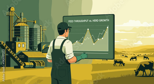 Farmer Analyzing Feed Throughput and Herd Growth on a Screen.