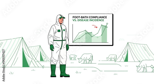Person in protective suit with foot bath compliance graph.