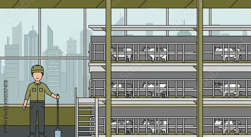 Vertical Farming Illustration Man Overseeing Cows in a MultiStory Building.