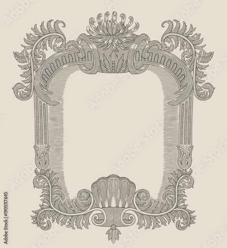 antique pillar frame with chrysanthemum flower, shell and ornament, vintage engraving drawing style illustration
