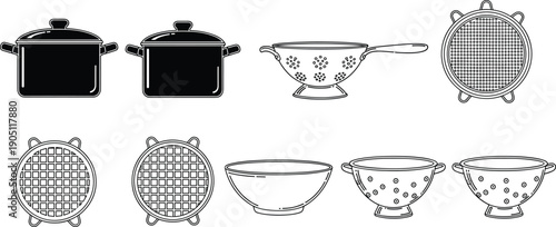 Set of kitchenware line art and black silhouettes featuring cooking pots, colanders, and mixing bowls.