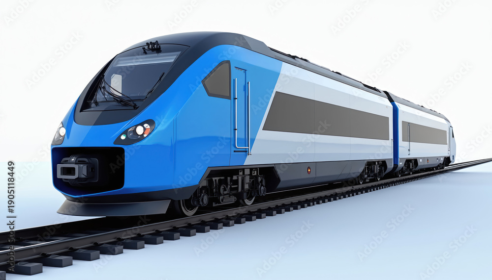 Obraz premium Modern blue and white passenger train moves on rails against white background. High speed locomotive travels on track. Fast journey, commute transport.