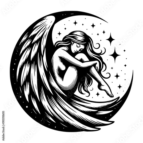 Angel sitting on crescent moon vector illustration