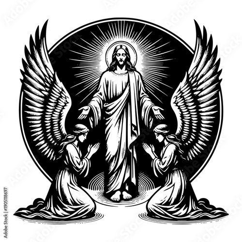 Angels kneeling with halo vector illustration