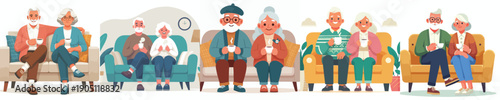 vector old couple sitting on sofa drinking coffee together