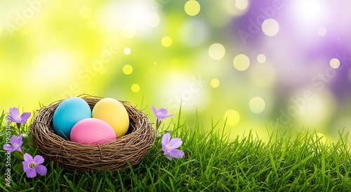 Easter eggs in a nest on green grass with purple and yellow background