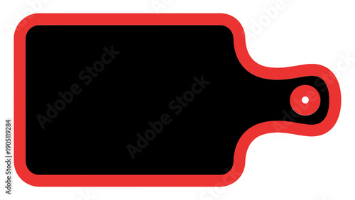 Black cutting board with red outline and handle on white background viewed from directly above for kitchen utensils and cooking purposes