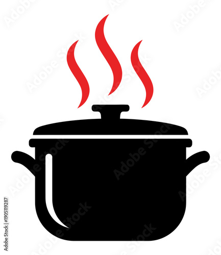 A steaming pot illustration on white background viewed from front with rising flames and a handle, representing cooking and food preparation scene.