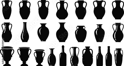 Collection of Twenty Two Black Silhouettes Featuring Antique Greek Amphora Vases Ceramic Pottery Decorative Urns and Glass Bottles for Interior Design and History Graphics