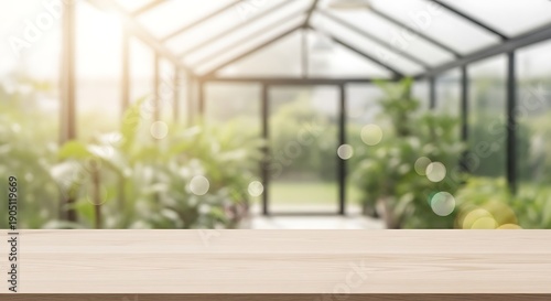 Modern greenhouse with potted plants and wooden table in the center
