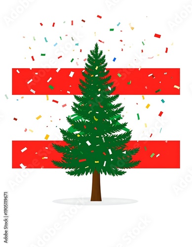 A stylized Christmas tree graphic, surrounded by colorful confetti and red horizontal stripes, against a white background