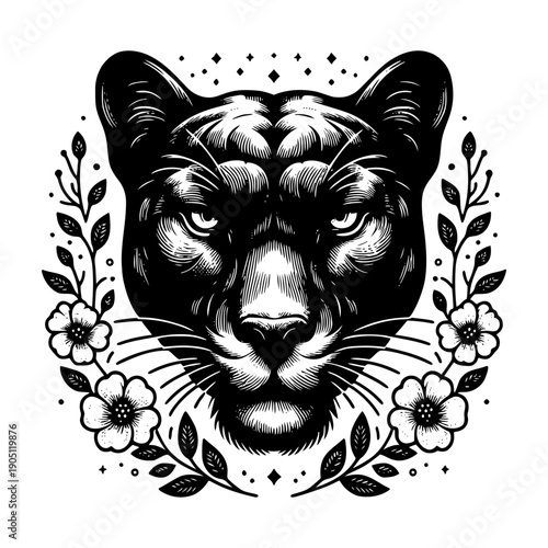 Panther head with floral elements vector illustration