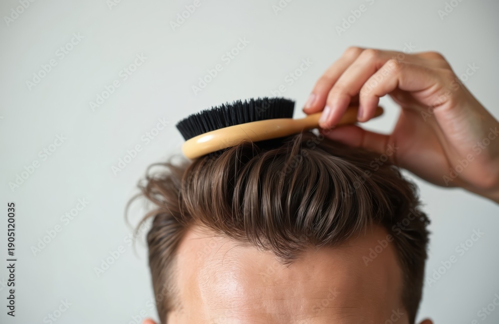 Naklejka premium Man with short brown hair styles his head using a round brush. Daily hair care routine at home, creating a neat hairstyle. Personal grooming for a stylish look. Healthy hair. Closeup shot.