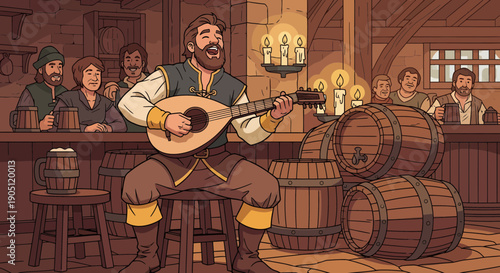 Bard serenading patrons in a medieval tavern with his lute.