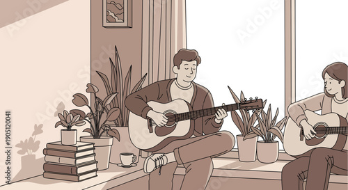 Cozy Music Session Two People Playing Guitars by the Window.