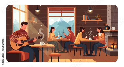 Cozy Cafe Scene with Live Music and Relaxing Atmosphere.