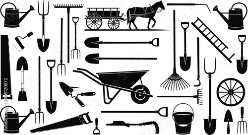 Vector, black, silhouette, illustration, set, of, various, garden, tools, farming, equipment, shovels, rakes, wheelbarrows, and, horse, carriage, for, agriculture, landscaping, and, gardening, 