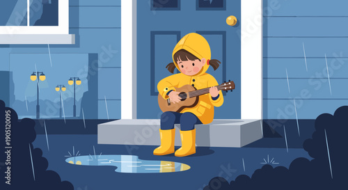 Girl in Yellow Raincoat Playing Ukulele on Porch Steps.