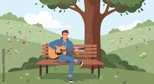 Man playing guitar on park bench under a tree.