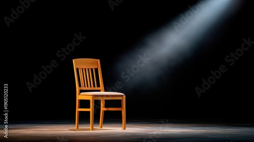 Wooden chair illuminated by a spotlight on a dark stage, creating dramatic shadows and emphasizing its structure and design in a minimalist setting