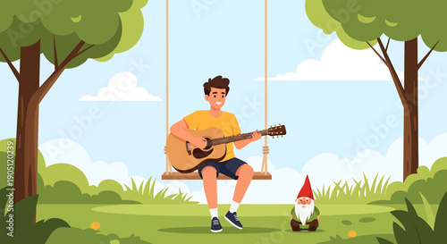 Man playing guitar on swing with gnome in garden.