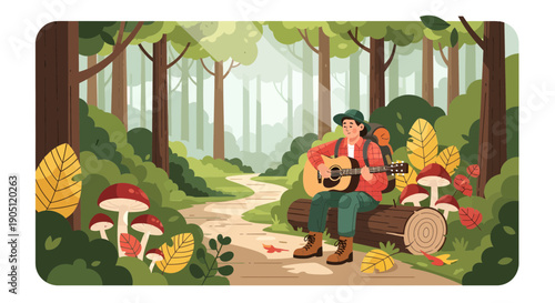 Man playing ukulele in autumn forest surrounded by mushrooms and foliage.